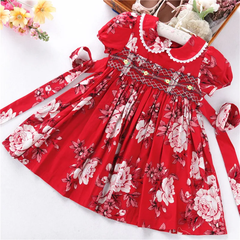 

C262673 summer flower floral red baby dresses girls smock clothes peter pan collar wholesale children clothing cotton
