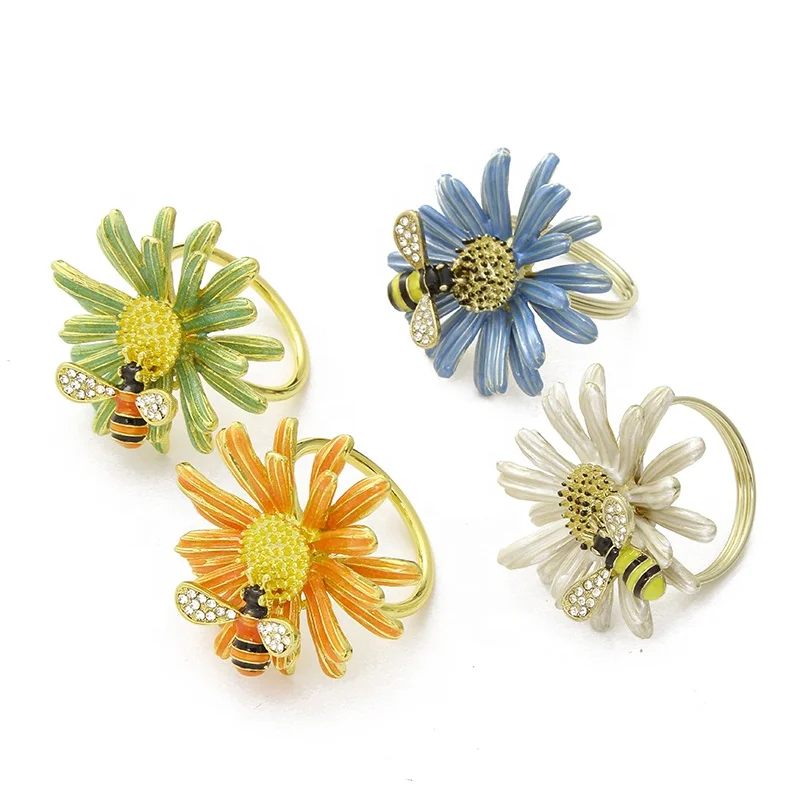 

IN STOCK Colorful Daisy Metal Flower with Bee Napkin Rings Wedding Napkin Holder Wedding Party and Daily Use Dinner Table Decor, White, green, orange, blue