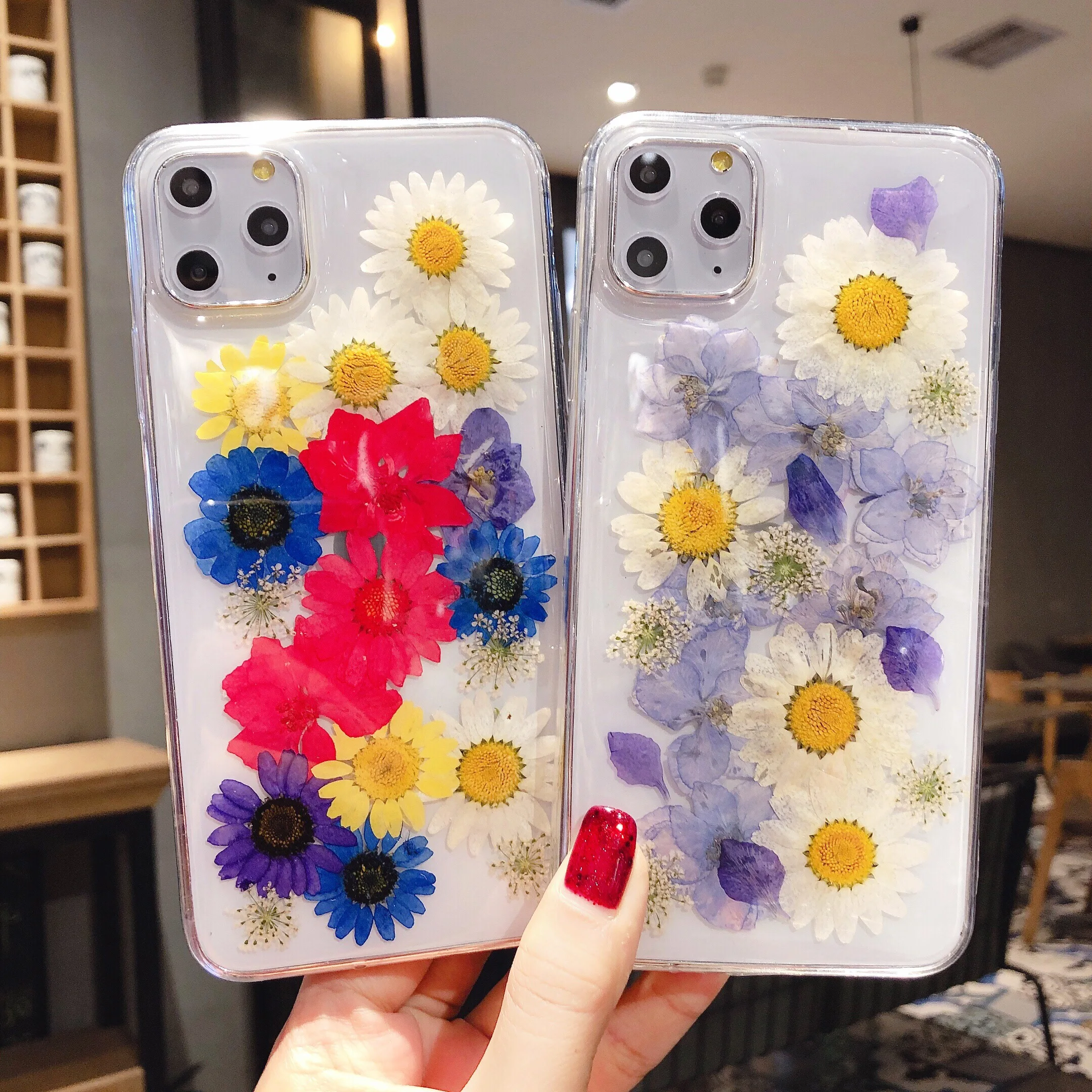 

DIY Transparent tpu handmade daisy real dry lace Flower in Resin Glitter Clear Phone Case for Iphone 11 12