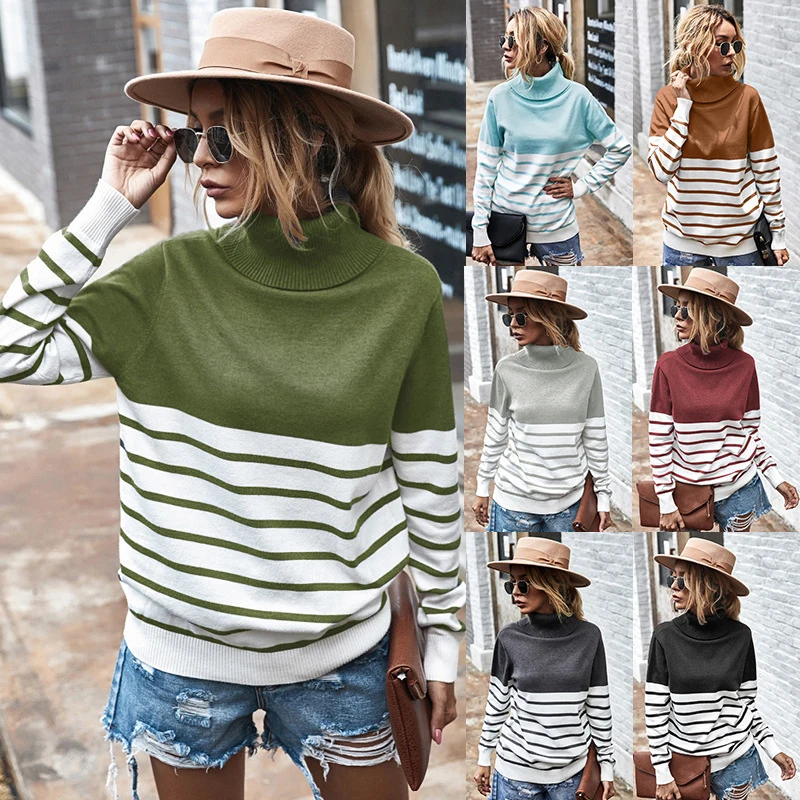 

JULY'S SONG Casual Turtleneck Long Sleeve Pullover For Women Autumn Winter Keep Warm Ladies Knitted Tops Striped Female Sweater, Gray;black;green;brown;blue;burgundy