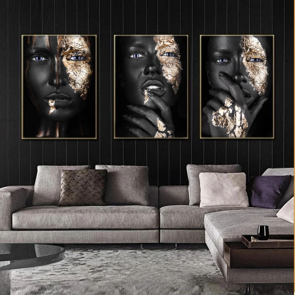 

African Art Black and Gold Woman Oil Painting on Canvas Cuadros Posters and Prints Scandinavian Wall Art Picture for Living Room