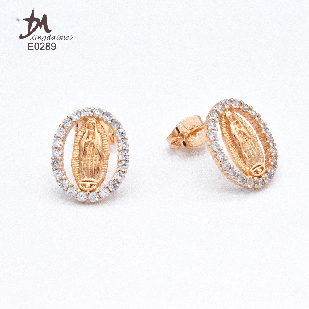 

E0289 Champagne Gold plated Zircon Virgin Mary Women's ear studs spherical ear earring, Champagne gold color