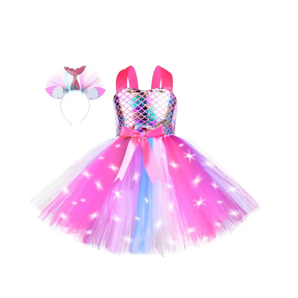 

New Arrival Tutu Dresses For Girls Kids Led Light Baby Clothings Pink Children Outfits With White Glowing Headband