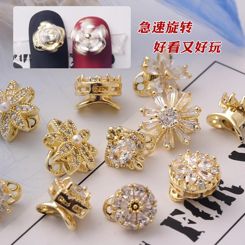 

Wholesale Luxury Rotatable Copper Cubic Zircon 3D Nail Arts decorated gold Plated plated Shining Flower Nail Sticker Jewelry