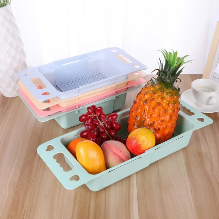 

plastic collapsible kitchen colander Fruits Vegetables Drain Basket Adjustable Strainer Over casual sink basket, Picture