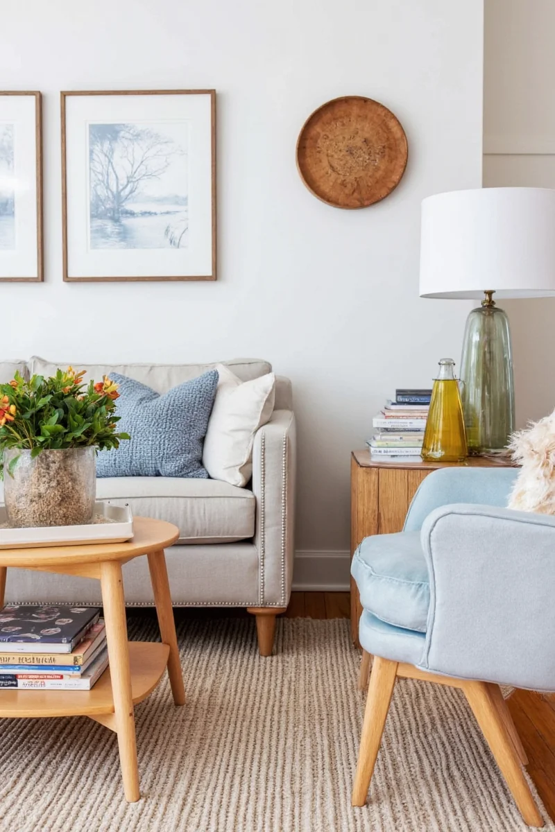 Family-friendly lounge with neutral sofas and playful accents