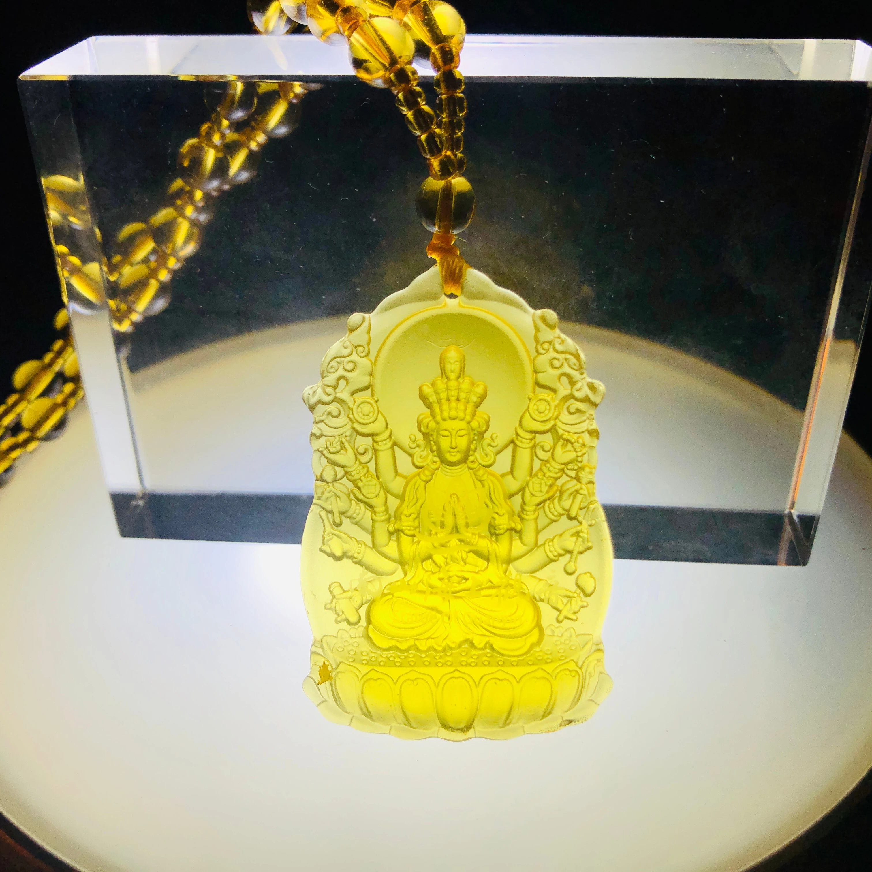 

Liuli Crystal Glass Charms necklace patron saint pendant amulets Chinese Thousand Hand Guanyin Buddha Powerful talismans, Amber/light yellow/white