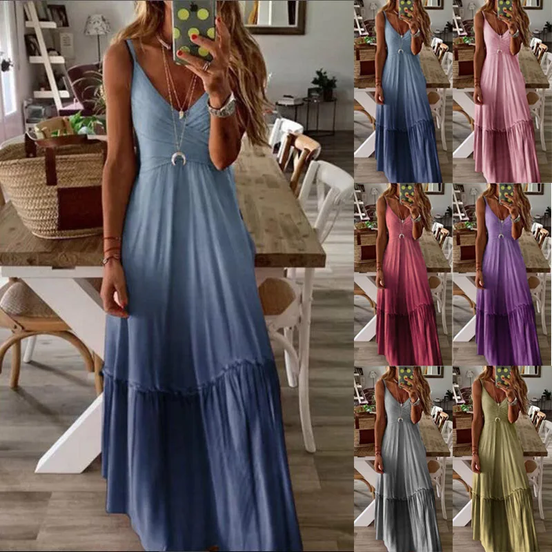 

2020 plus size dress loose gradient summer casual v neck maxi dresses women