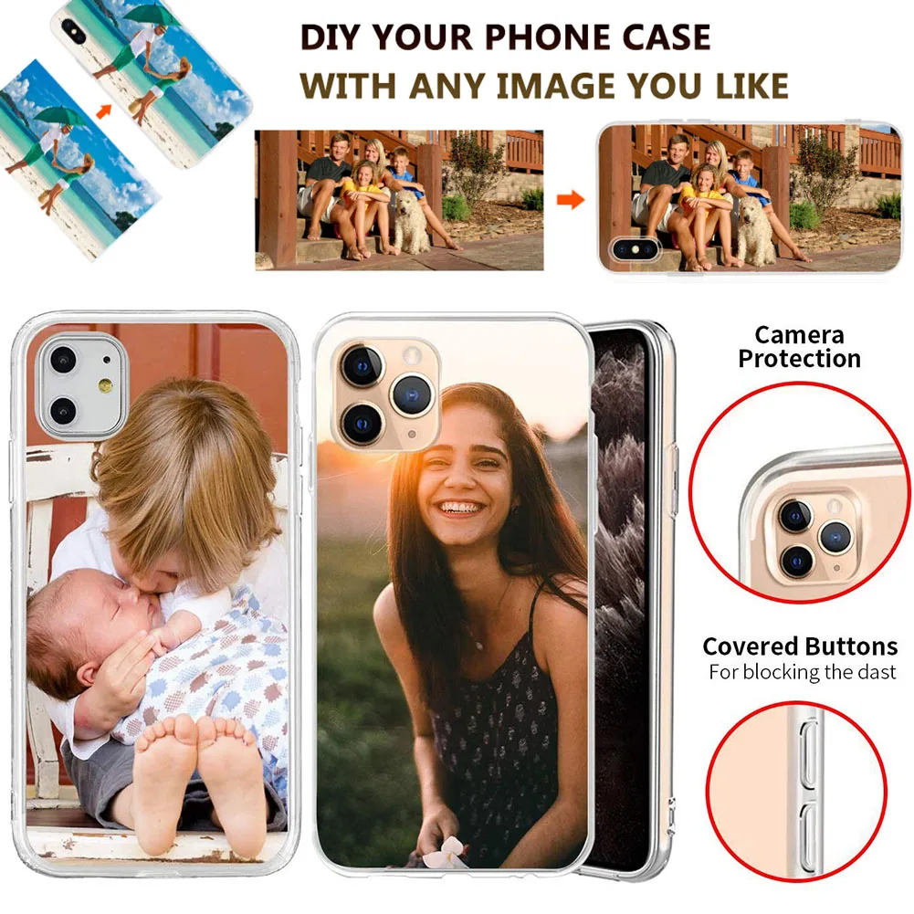 

Soft Thin Slim Customized Picture Phone Case Cover For Apple iPhone 12 Pro Max 11 XR 7 8 Plus TPU Rubber Transparent Rugged Case, Clear side
