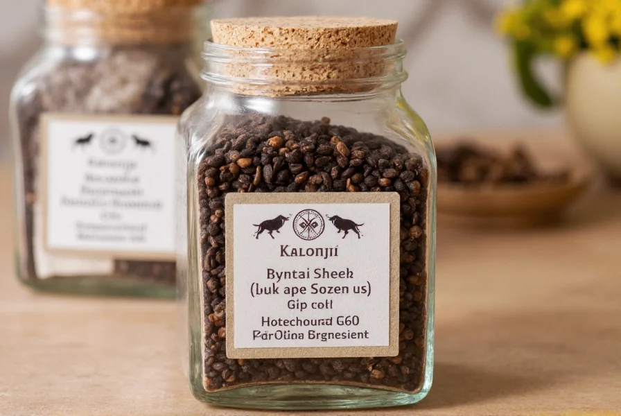 Kalonji seeds stored in glass jar with proper labeling showing storage date and contents