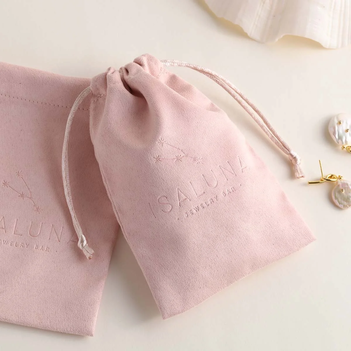 

PandaSew Custom Logo Deboss Print Pink Suede Jewelry Bag Luxury Drawstring Bag Jewelry Pouch, Pink or customized color