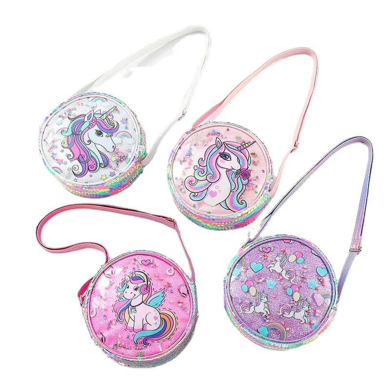 

New Sequined Unicorn Messenger Bag Rainbow Glitter Cartoon Shoulder Sling Bags Girls Handbag for Kids, Customized color