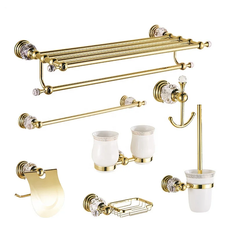 

European style 7 pieces golden crystal washroom toilet hardware set bathroom accessory set, Gold