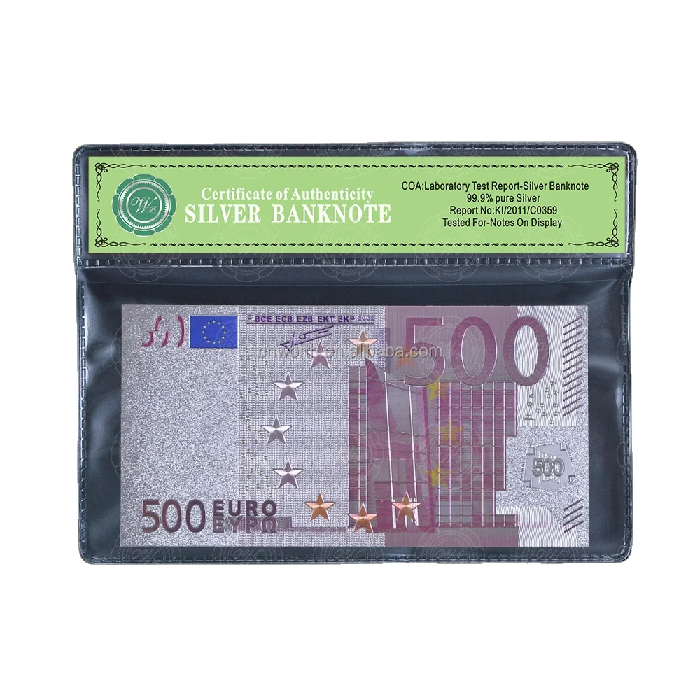 

Wr Colored 500 Euro Banknote 99.9 Silver Foil European Union Paper Note with Free Sleeve, Can be gold or silver or colorful