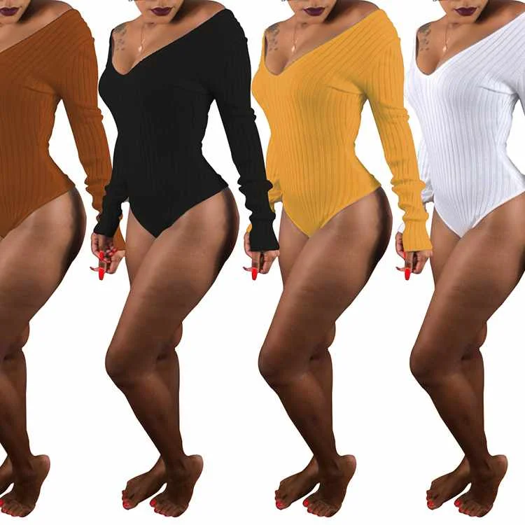 

Solid deep v neck ribbed long sleeve bodysuit women