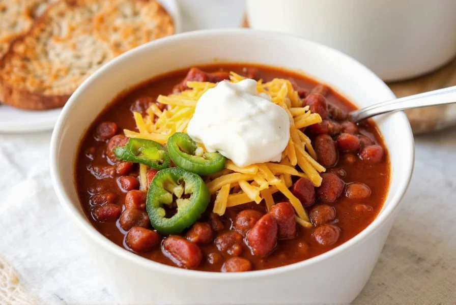 Finished bowl of homemade chili with toppings like sour cream and cheese