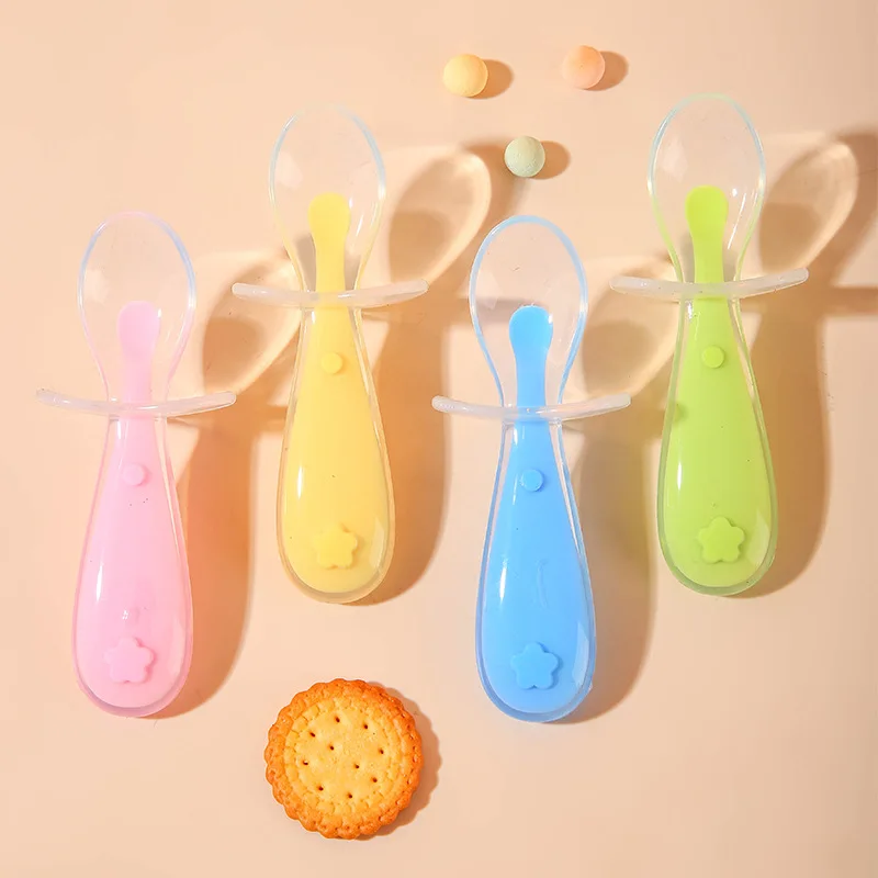 

2021 Eco-friendly Soft Baby Feeding Training Food Grade flower baby feeder silicone spoon with suction cup, Pink,blue,green,yellow