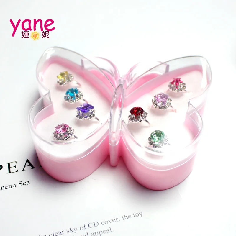 

Hotsell girls colorful crystal ring fashion ring set with cute butterfly box for girls, Multi color