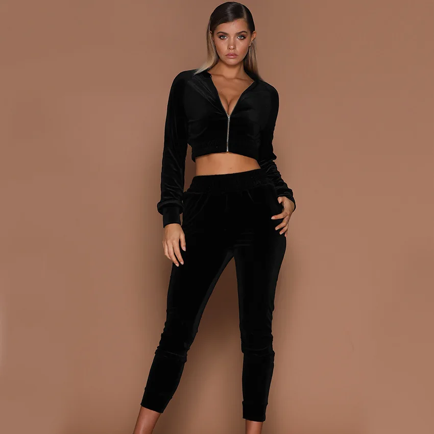 

Autumn Velvet Sportswear Ladies Two Piece Crop Tops Jogger Set Stand Collar Long Sleeve Zipper Casual Velvet Suit, Black/pink/beige