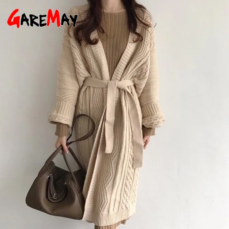 

S/S 21 Women's Long Knitted Cardigan Coat Long Sleeve Female Jumper With Loose Belt