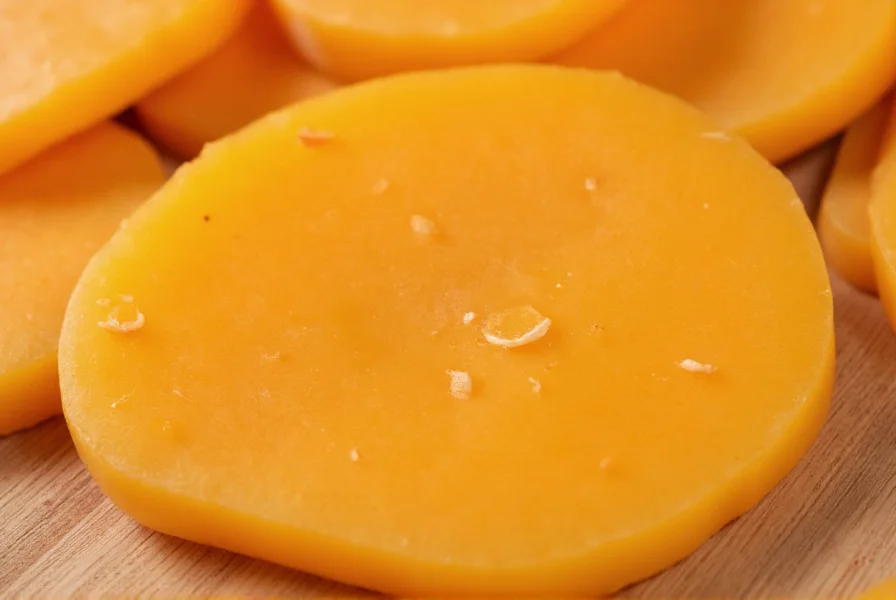 Close-up of ghost pepper cheese slices showing orange cheddar with visible ghost pepper flakes on wooden cutting board