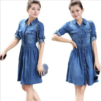 

Women's Slim Fit Half Sleeve Pleated Shirt Dress Plus Size Denim Jean Dress, Jeans blue