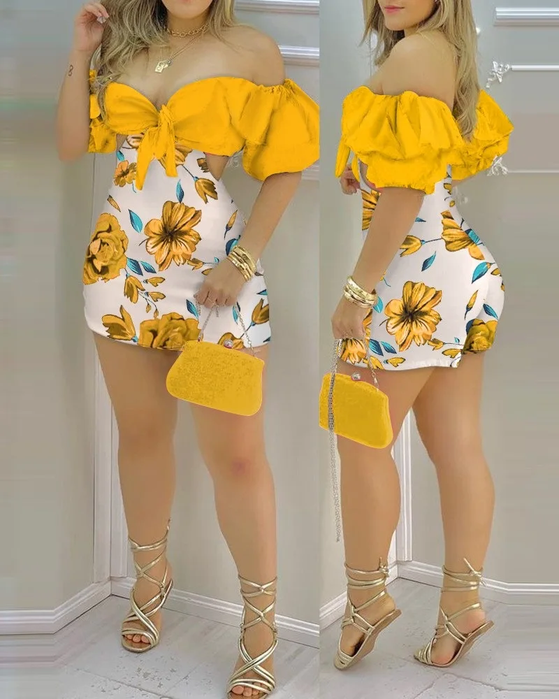 

Slim Fit off-shoulder floral print Dress Ladies Hot Package Hip Mini Dress Night Club Bodycon Sleeveless Party Dress