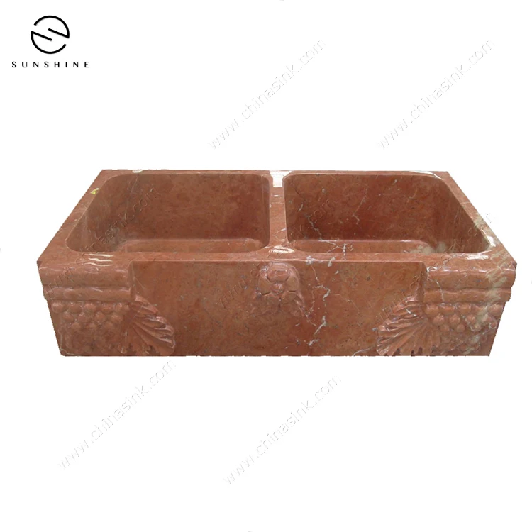 Factory Direct Price Rojo Alicante Red Marble Stone Double Bowl Kitchen Sink