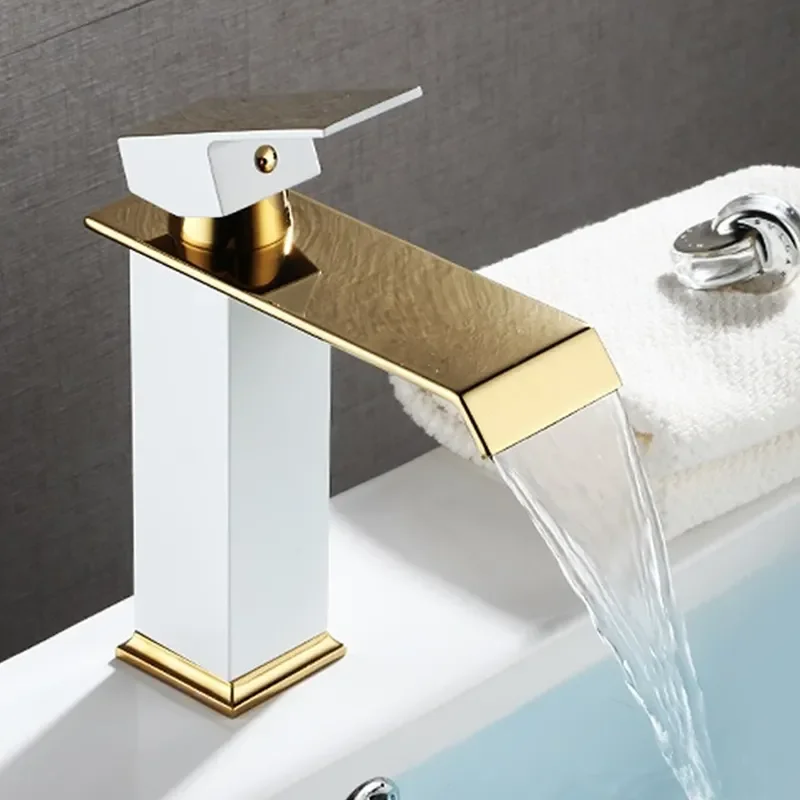 

Stainless steel white and gold bathroom mixer tap waterfall basin faucet