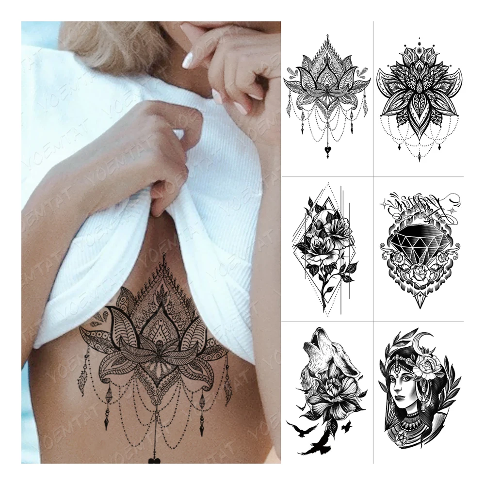 

Waterproof Temporary Tattoo Sticker Chest Lace Henna Mandala Flash Tattoos Wolf Diamond Flower Body Art Arm Fake Tatoo Women Men, Cmyk