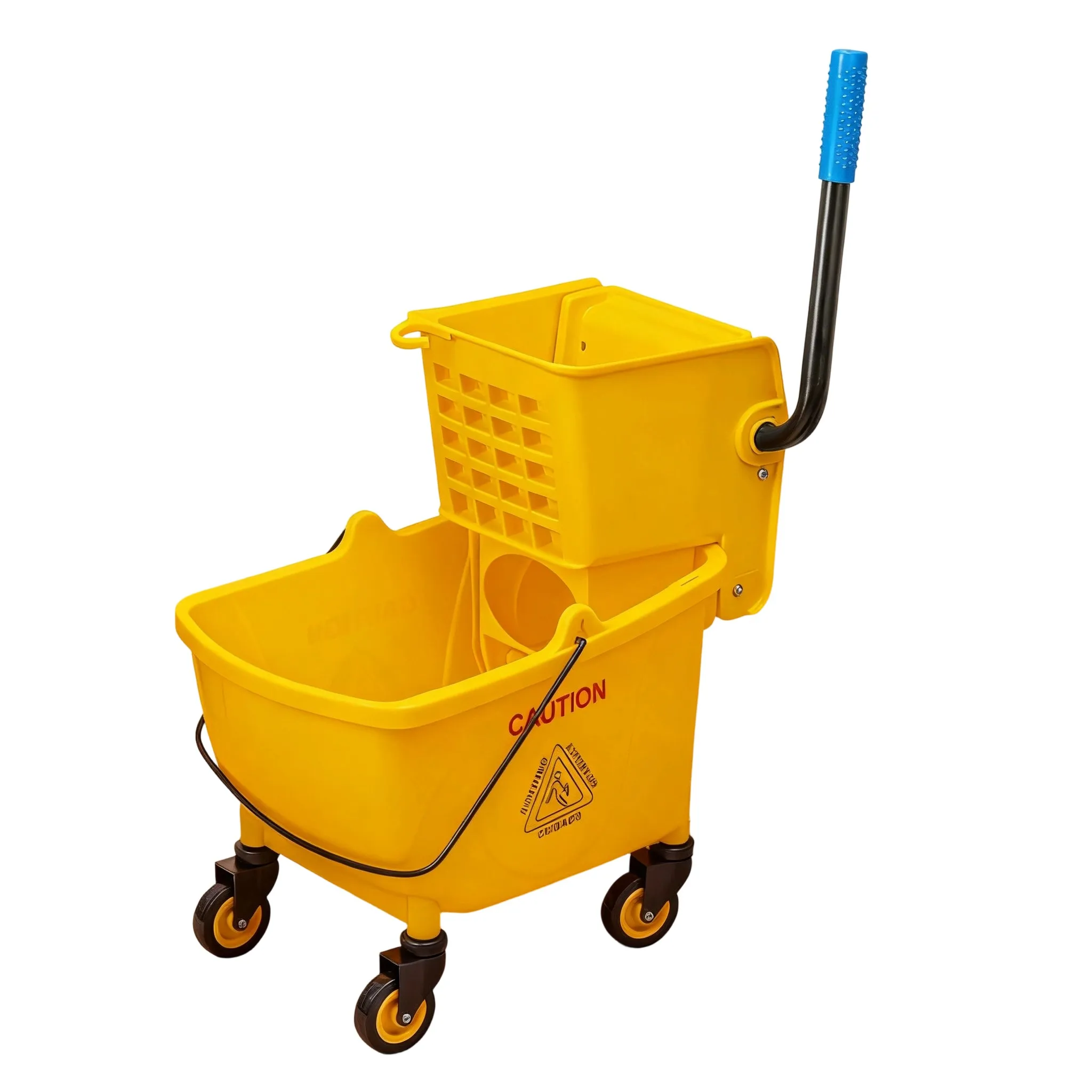 Yellow mop water squeezing cart with a down-press wringer, lever handle and four castors