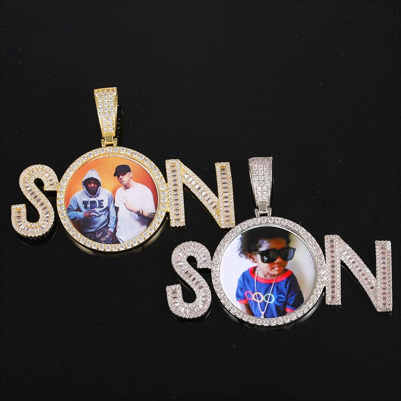 

Hip Hop Jewelry Iced Out CZ Cubic Zirconia Customize Letter MOM Photo Pendant Circle Custom Letters SON Picture Pendant Necklace