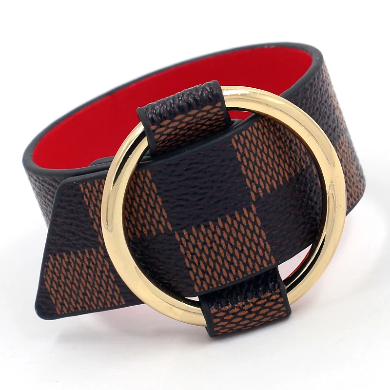 

Fashion Jewelry Leather Napkin Ring Opening Metal Alloy Ring PU Bracelet Printing Lattice Pattern Wide Leather Bangle for Women, Brown,gray