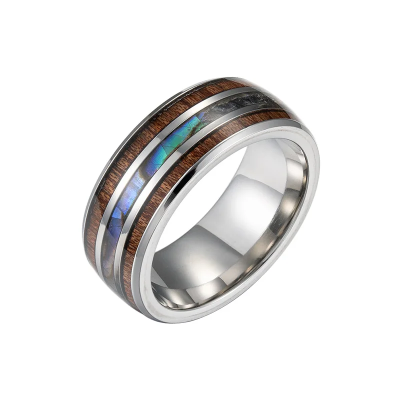 

Hot Fashion 8mm Stainless Steel Inlay Hawaiian Koa Wood Abalone Shell Ring For Men Jewelry Accessories