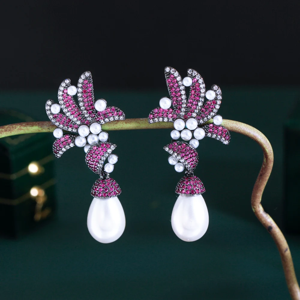 Glamorous Fuchsia Red Cubic Zirconia Pave Flower Leaf Long Dangle Drop Pearl Party Wedding Earrings for Women 2021