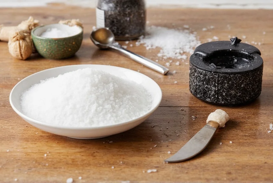 Jar of black sea salt on wooden table