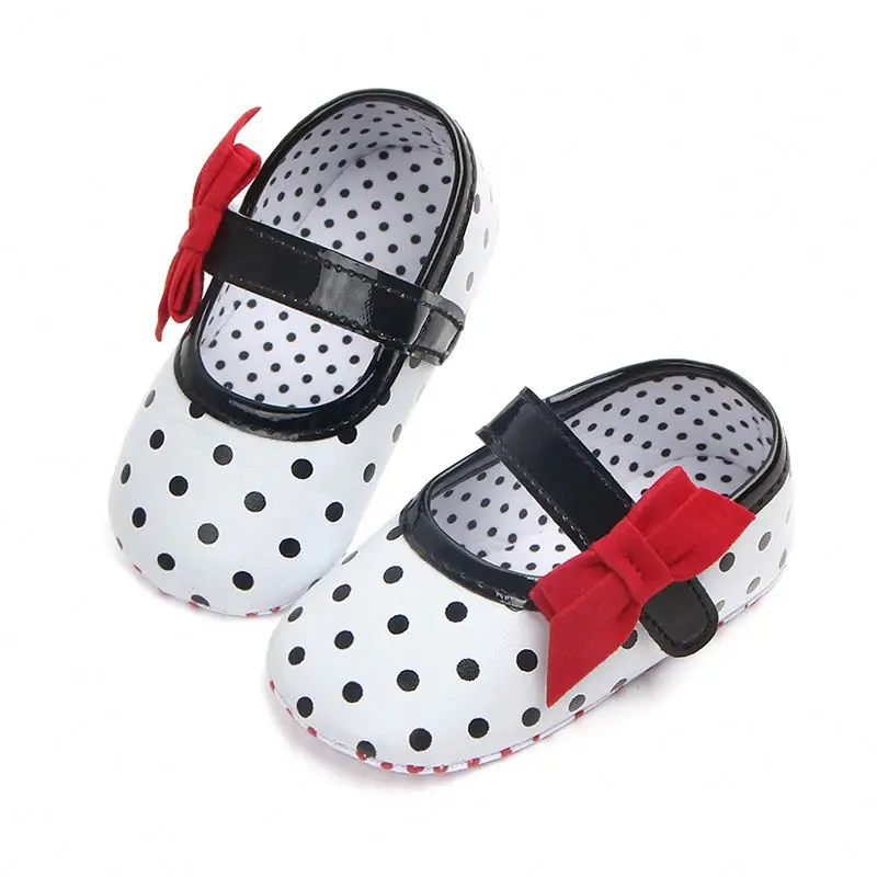 

Factory Wholesale polka dot indoor cute leather breathable princess soft sole girl baby shoes, Black/pink