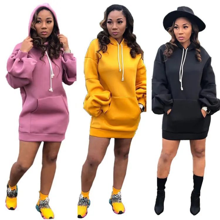 

Wholesale soild color hoodie puff sleeve sweatshirt long hoodie dress for woman