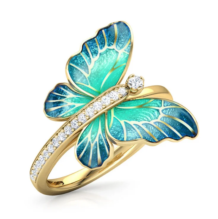 

HPXmas 2021 Fashion Green Butterfly Ring Zircon Ring Women Engagement Diamond Ring Wholesale