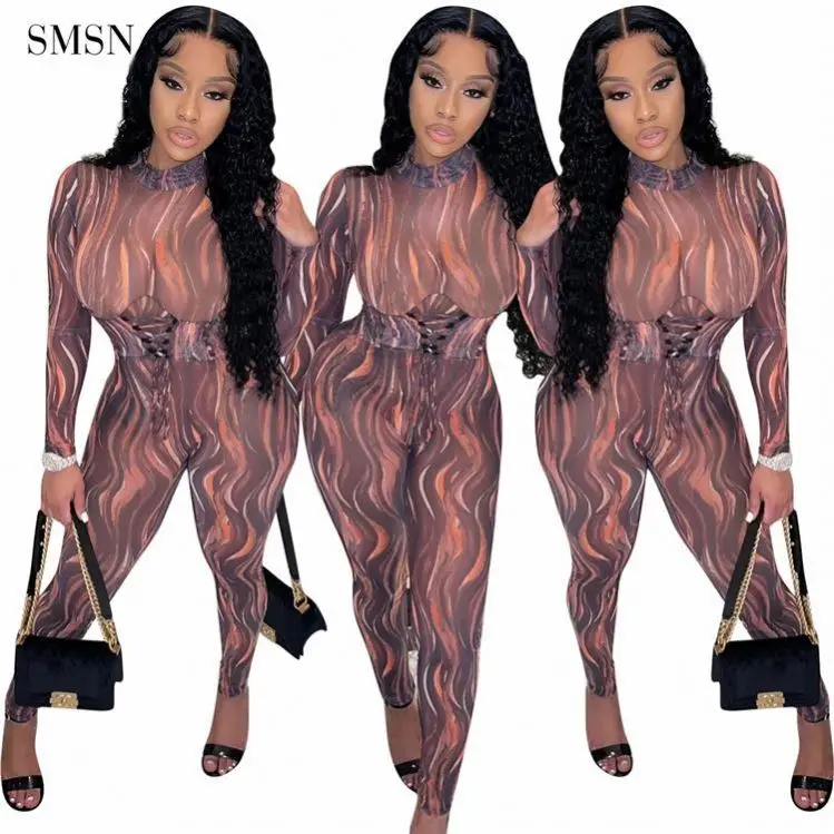 

New Trendy Tie Dye Printing Long Sleeve One Piece Bodycon Jumpsuit Night Club Sexy Ladies Jumpsuit 2021 Fall Jumpsuit