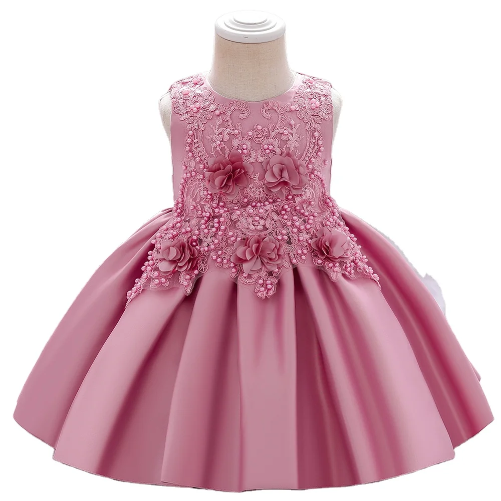 

2022 New Beaded Satin Cotton Lining Princess Baby Girl Party Dress Children Frocks Designs Ins Hot Selling Flower Girls' Dresses