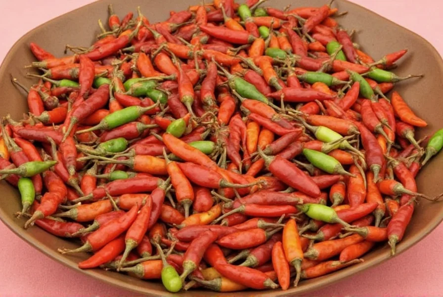 Various types of dried and fresh chiles laid out on a wooden table