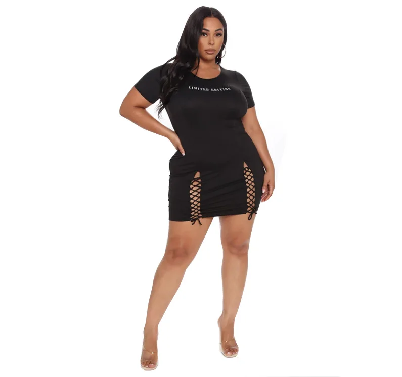 

Latest Design Summer Fashion Black Short Sleeve Dresses Women Club O-Neck Letter Print Front Plus Size Dress and Skirts
