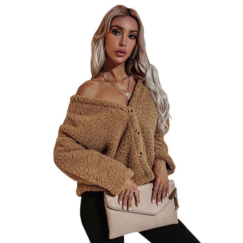 

2021 New Winter Fashion V Neck Long Sleeve Cardigan Plush Coats For Women, Khaki,black,army green