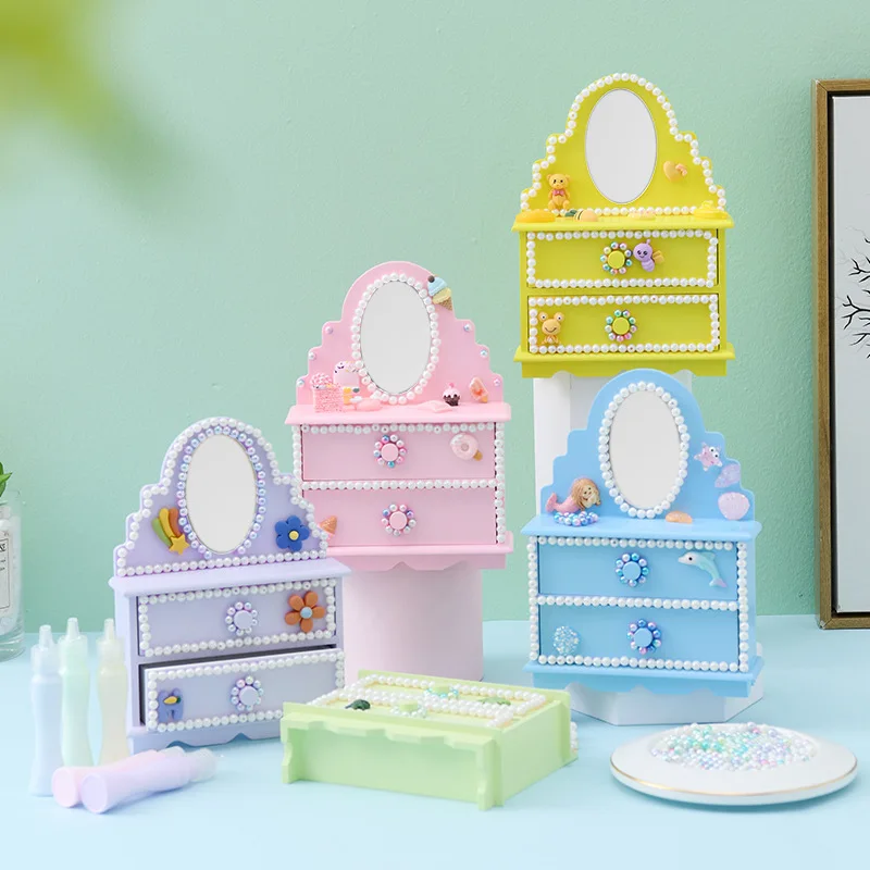 

Children'S Wooden Dressing Table Girls Creative Hand-Pasted Princess Jewelry Box Diy Game