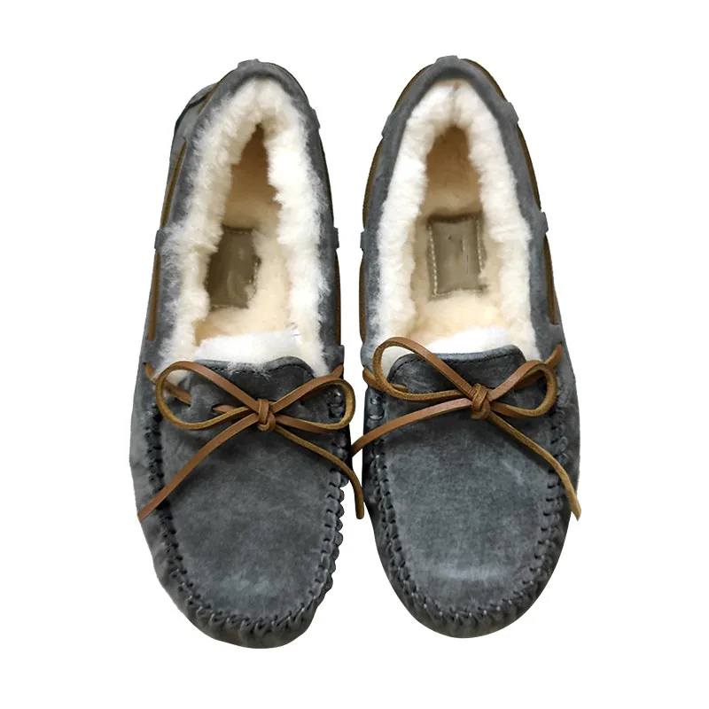 

Fashion Genuine sheepskin lining cow suede leather ladies loafers flats winter warm casual moccasin shoes, Grey