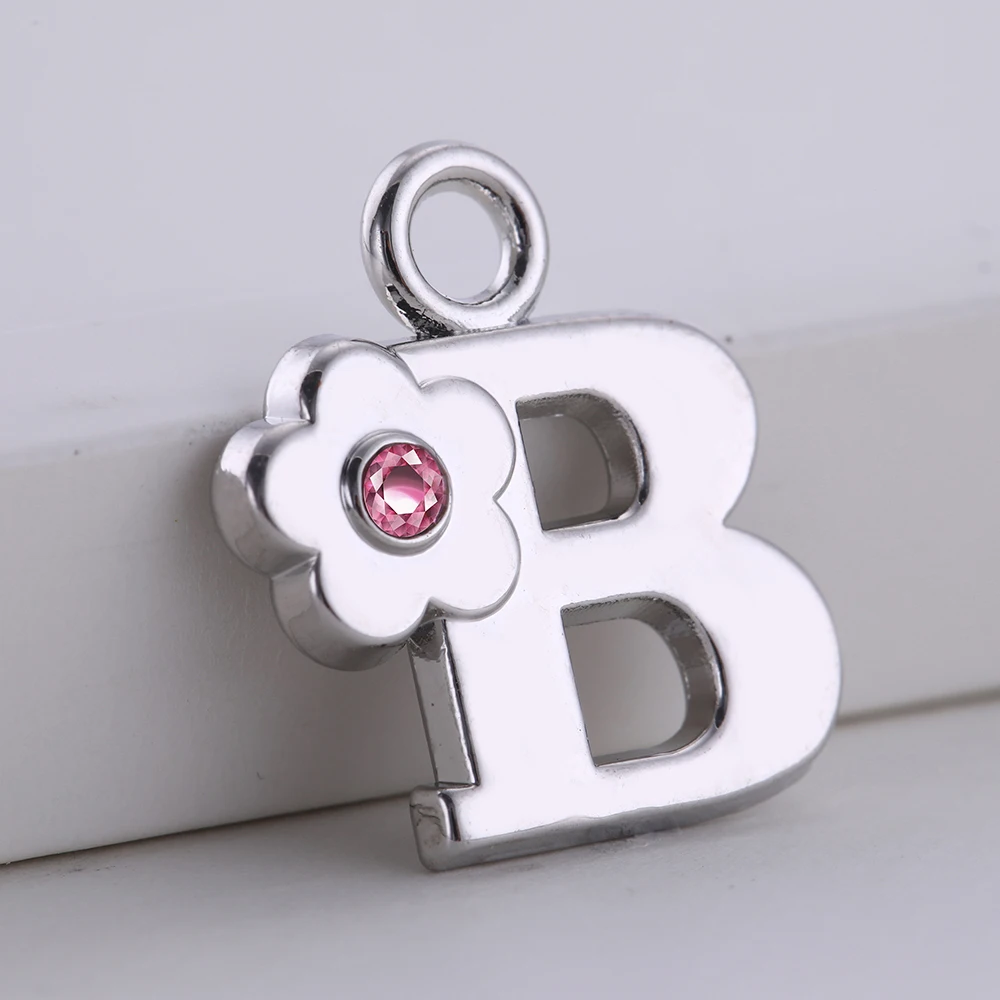 

Silver Plated Crystal 26 Letters Initial B Charms Pendant, Silver stone and pink crystal