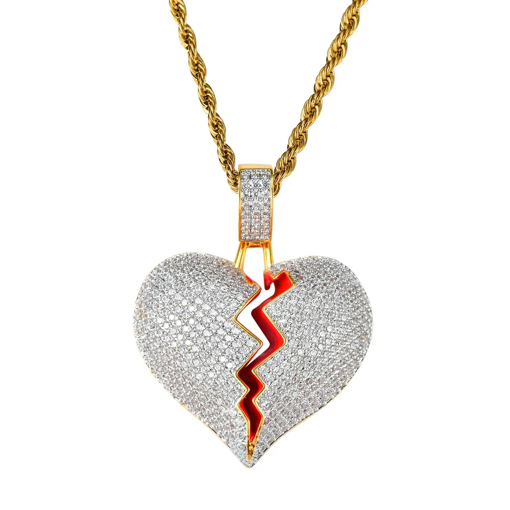 

Amazon hot sell brass CZ stone gold plated hip hop necklace pendant with a big heartbreak shape for men and women