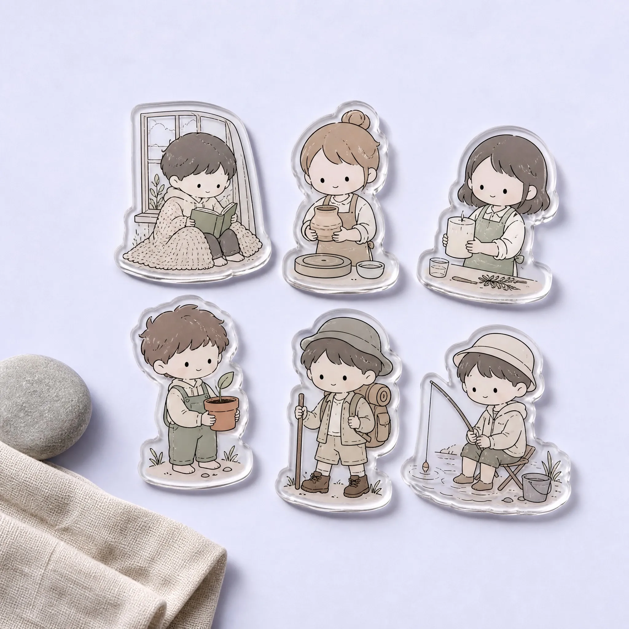 6 Cozy Hobbies and Outdoor Activities Chibi Figures: Window Reading Boy, Pottery Wheel Girl, Candle Making Girl, Houseplant Gardening, Mountain Hiking Camper, Lakeside Fishing