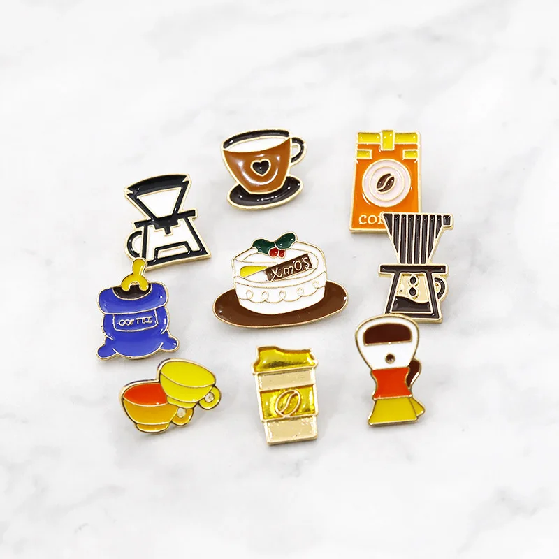 

Hot selling palace coffee cup spoon pot cake enamel Lapel Badge Brooch Pins for DIY Backpack Clothes Hat, Picture